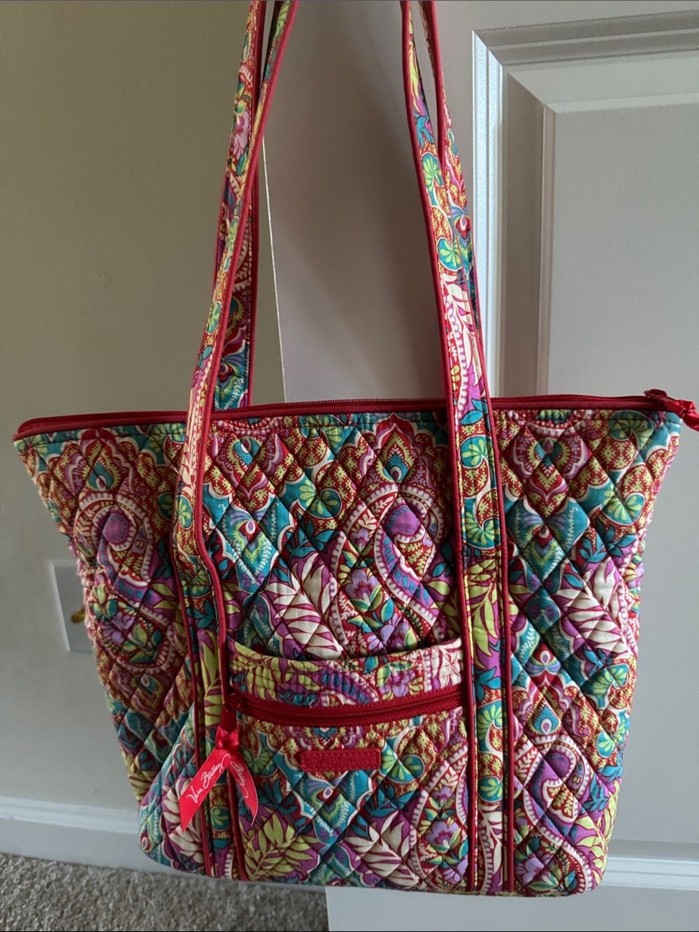 Vera Bradley Quilted Floral Paisley Tote with deep coral trim & matching wallet